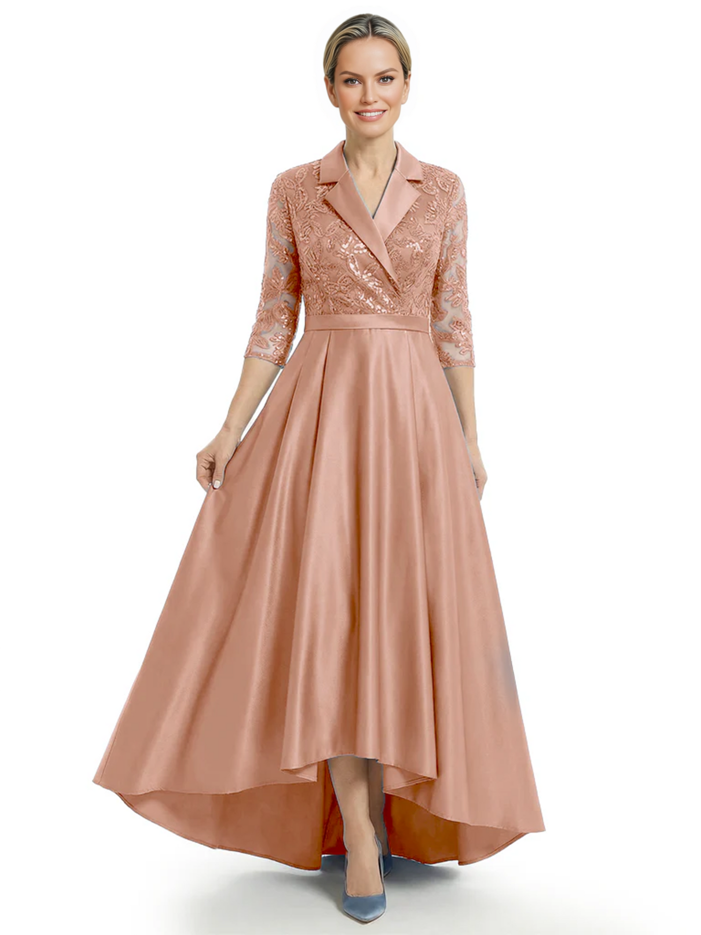 Elegant Mother of Bride Dress Evening Gowns Trending Styles with Lapel Collar 3/4 Sleeves