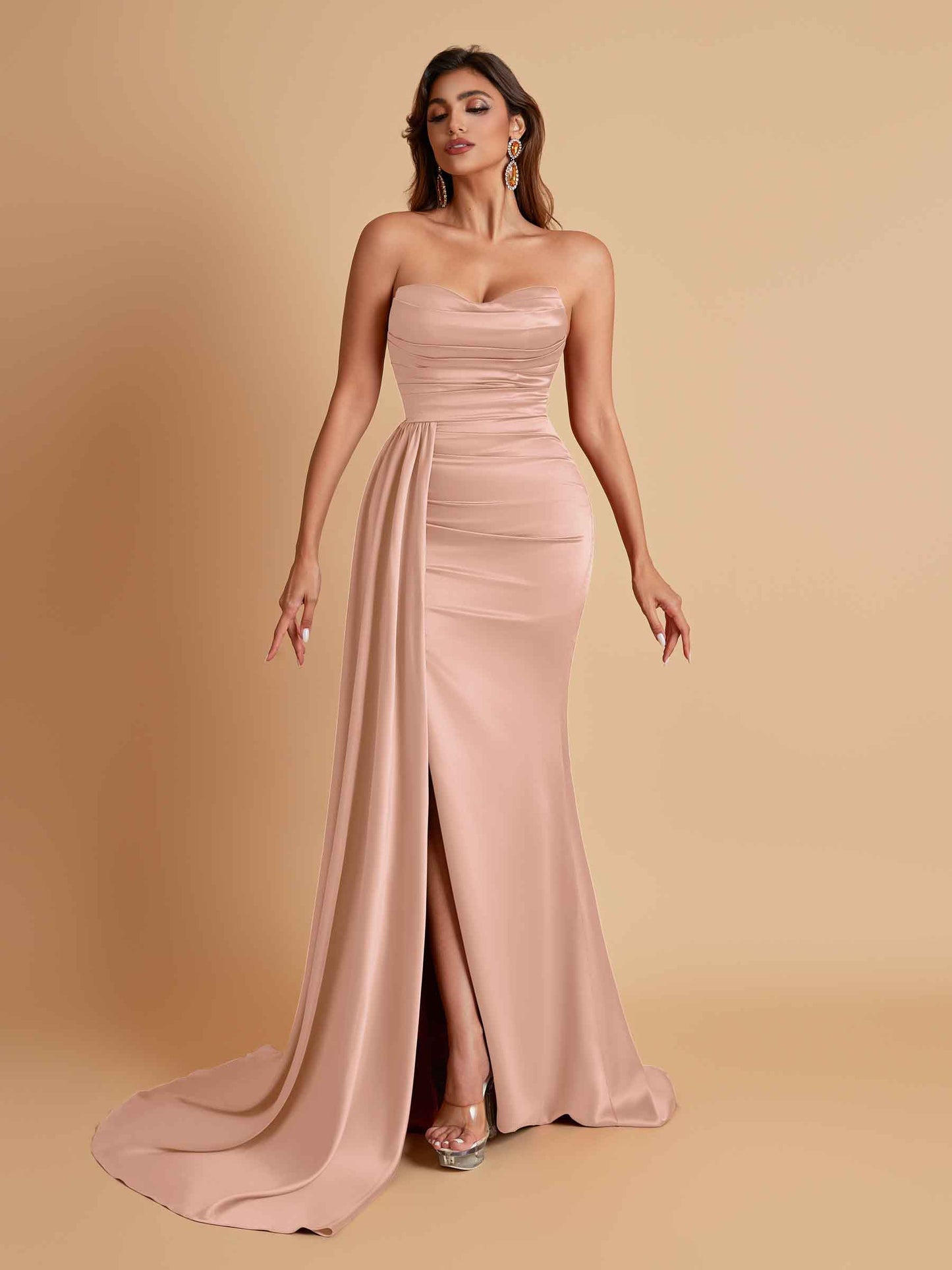 Elegant Soft Satin Sweetheart Strapless Side-Slit Mermaid Bridesmaid Dresses