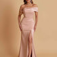 Elegant Soft Satin Mermaid Off Shoulder Asymmetrical Side Slit Floor-Length Bridesmaid Dresses