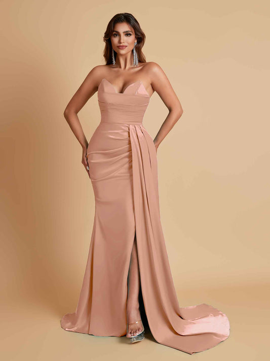 Gorgeous Strapless Soft Satin Side Slit Floor-Length Mermaid Bridesmaid Dresses
