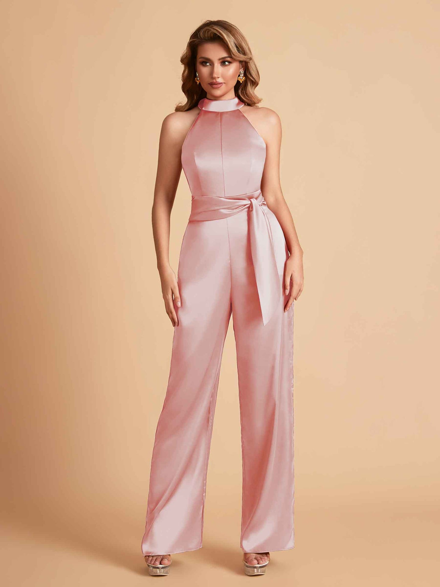 Elegant Satin Halter Sleeveless Satin Floor Length Bridesmaid Jumpsuit