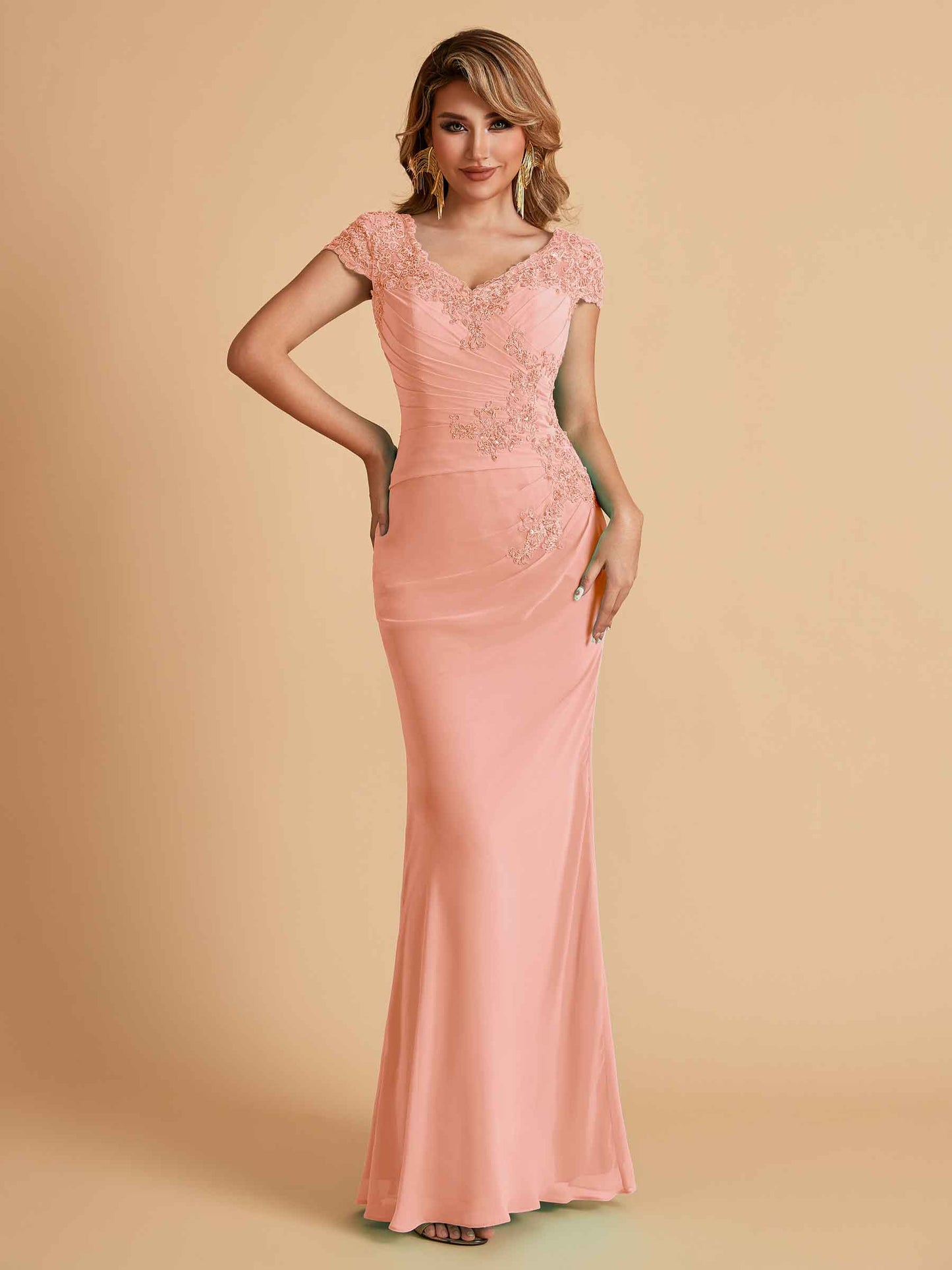 Elegant Mermaid Chiffon Cap Sleeves V-Neck Mother of the Brides Dresses Online