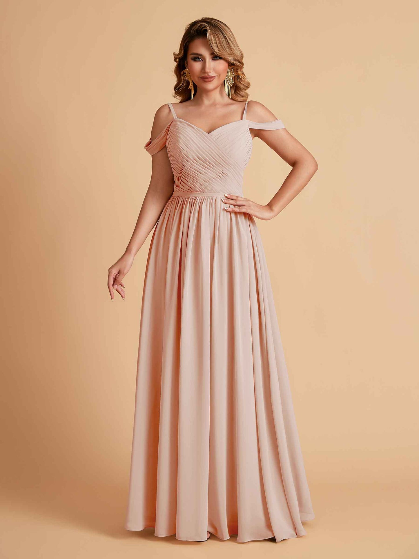 Elegant A-line Chiffon Off The Shoulder V-Neck Bridesmaid Dresses Online