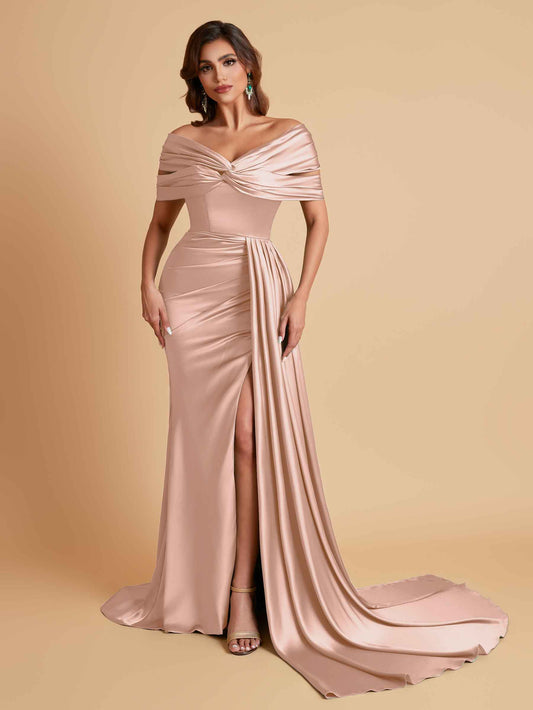 Elegant Soft Satin V-neck Off-the-Shoulder Side-Slit Mermaid Bridesmaid Dresses