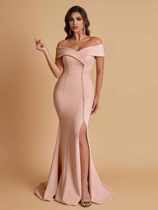 Elegant Soft Satin Mermaid Off Shoulder Side Slit Floor-Length Bridesmaid Dresses