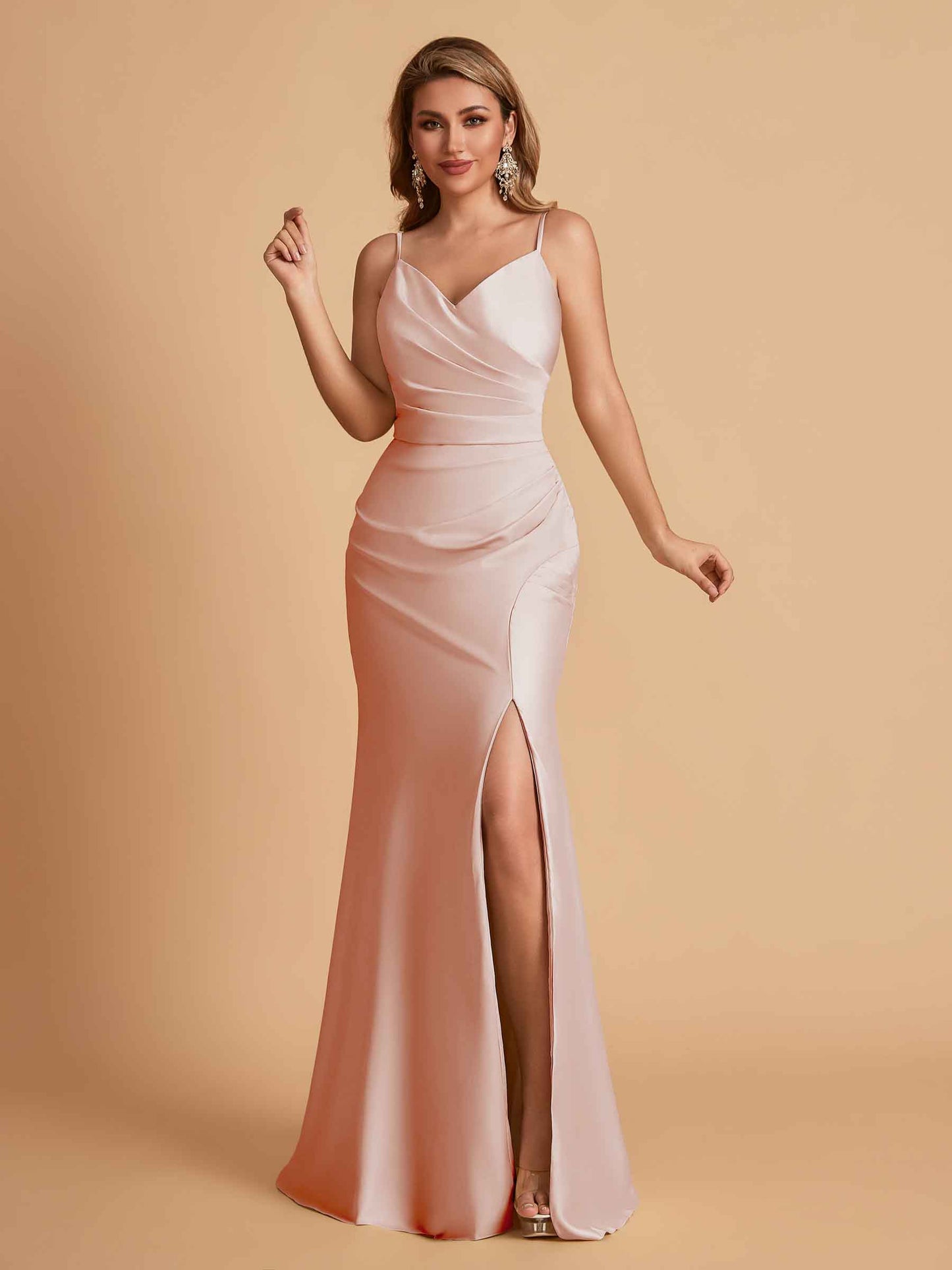 Elegant Satin Spaghetti Straps Mermaid Side Slit Floor Length Bridesmaid Dresses
