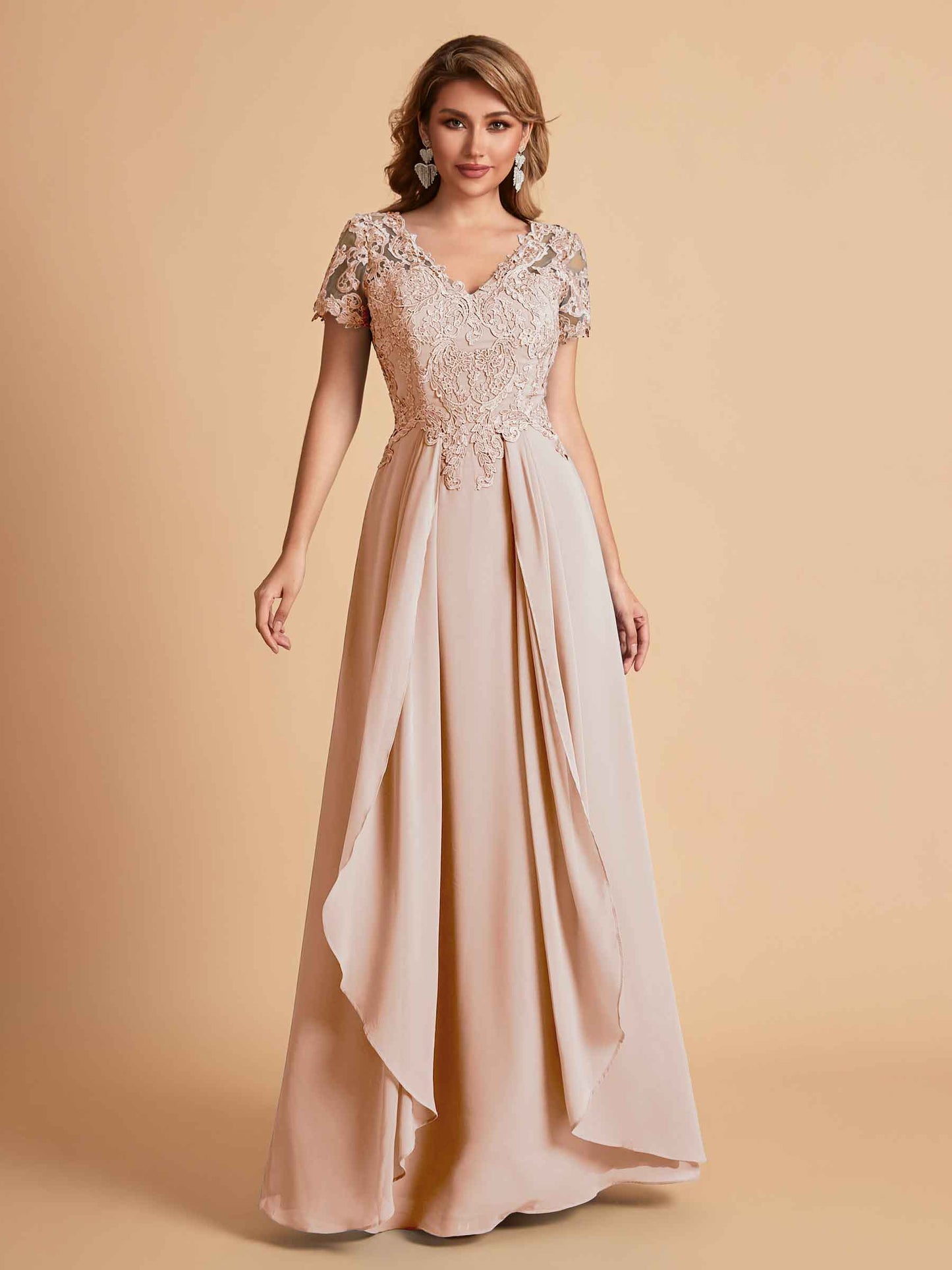 Elegant A-Line Chiffon Short Sleeves V-neck Mother of the Brides Dresses Lace Top MOB Dresses