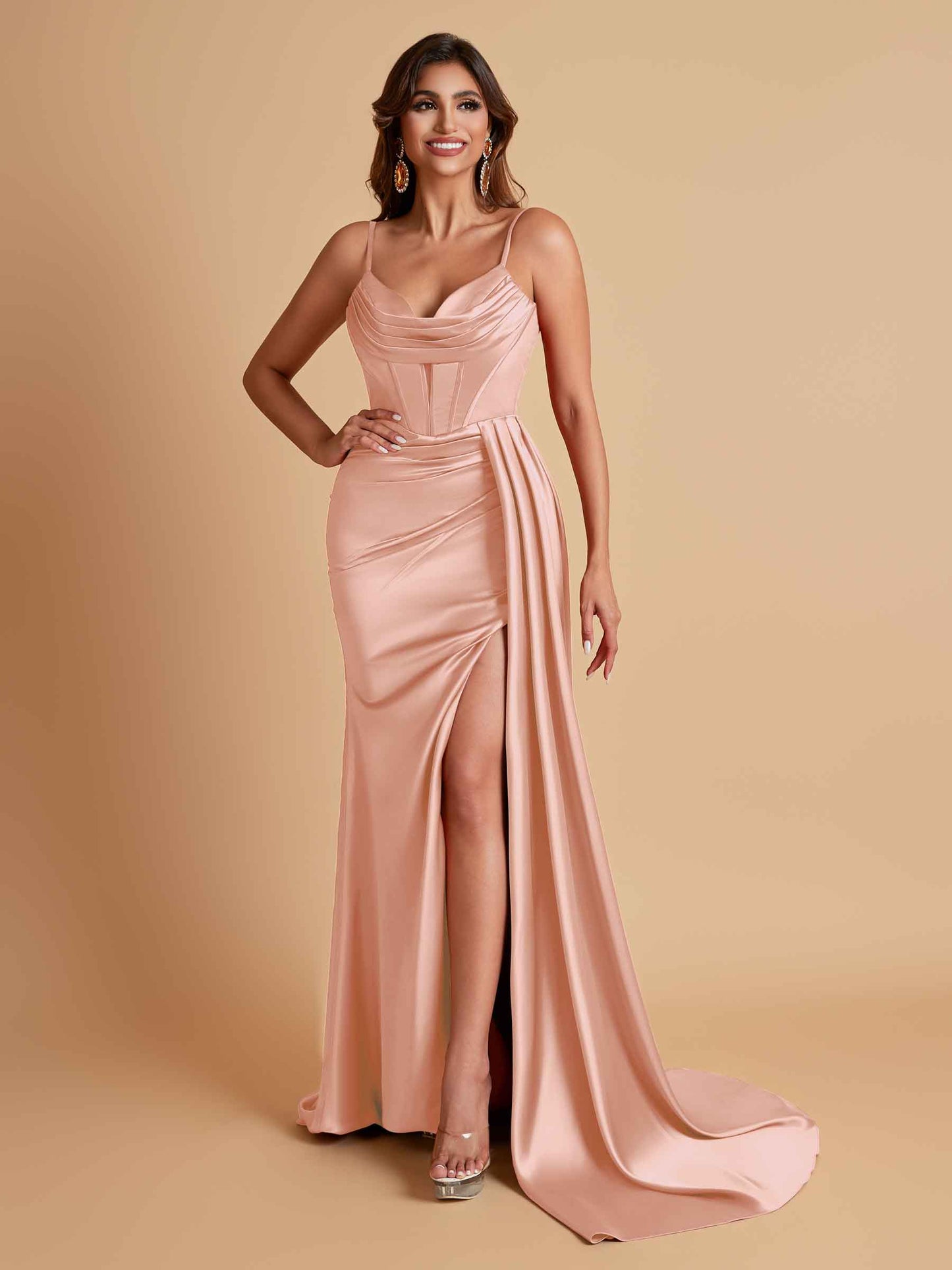 Sexy Soft Satin V-neck Spaghetti Strap Side-Slit Mermaid Bridesmaid Dresses