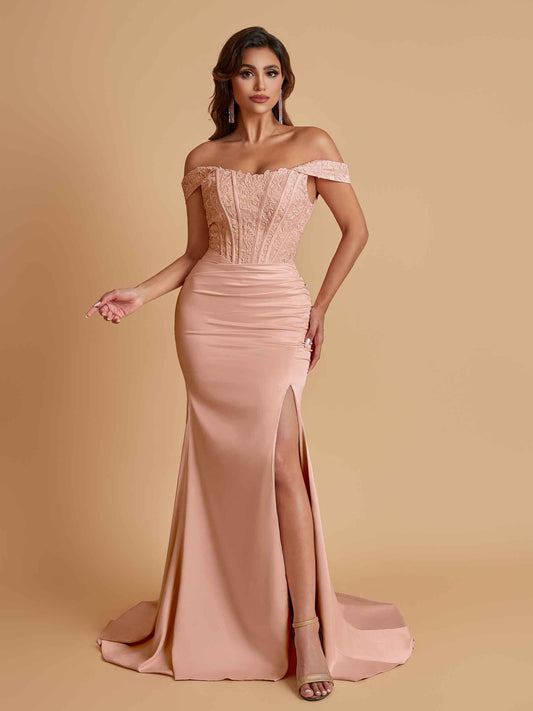 Elegant Soft Satin Mermaid Off Shoulder Side Slit Floor-Length Mermaid Bridesmaid Dresses