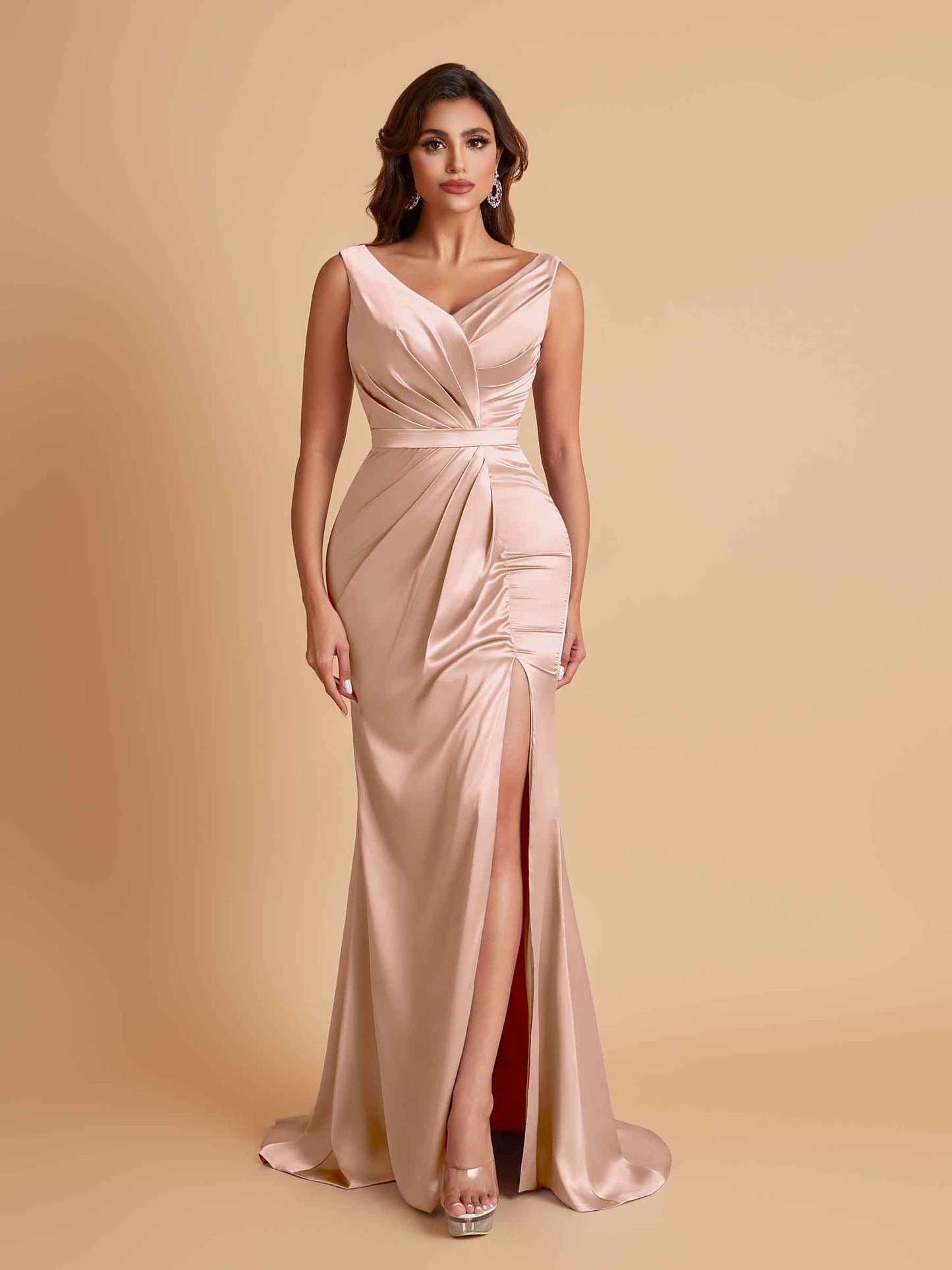 Elegant V Neck Soft Satin Side Slit Floor-Length Mermaid Bridesmaid Dresses