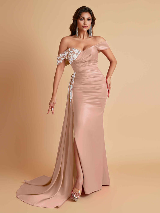 Elegant Soft Satin Mermaid Off Shoulder Floor-Length Mermaid Bridesmaid Dresses