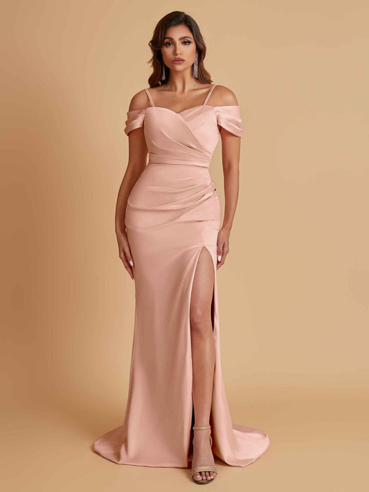 Sexy Soft Satin Mermaid Cold Shoulder Side Slit Floor-Length Bridesmaid Dresses Online