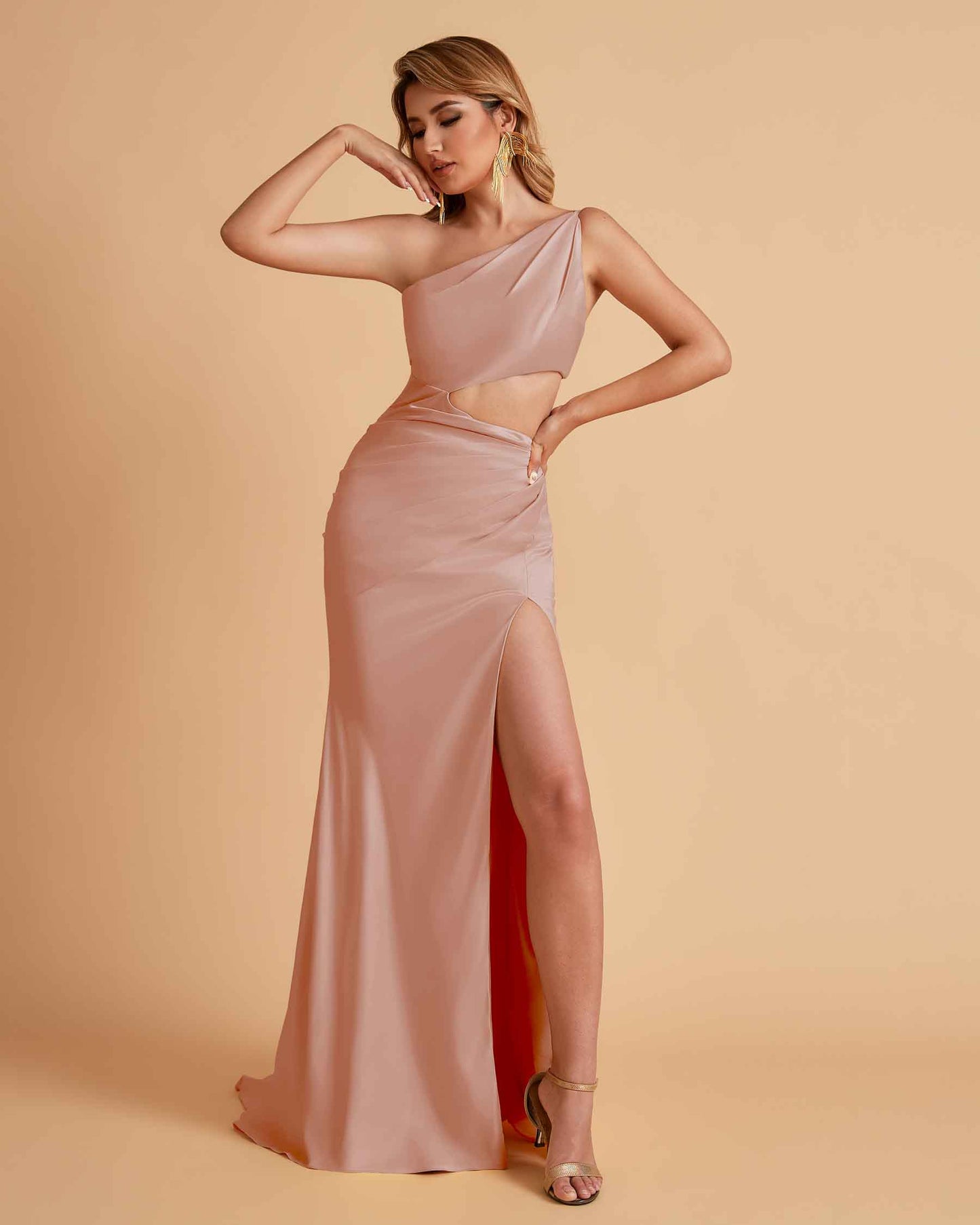 Sexy One-Shoulder Waist Cutout With High Split Floor-Length Bridesmaid Dresses