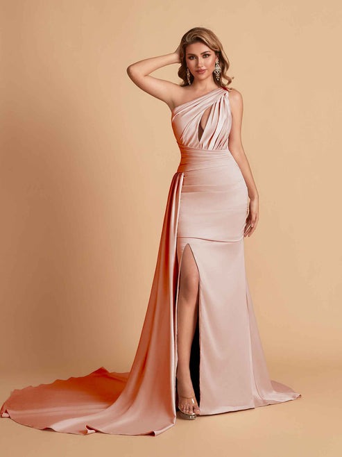 Rose Gold Mismatched Sexy Satin Trendy Long Wedding Guest Dresses