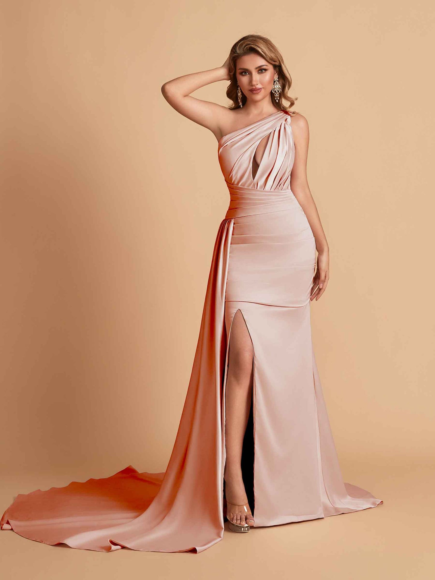 Sexy Satin Mermaid One Shoulder Side Slit Long Bridesmaid Dresses