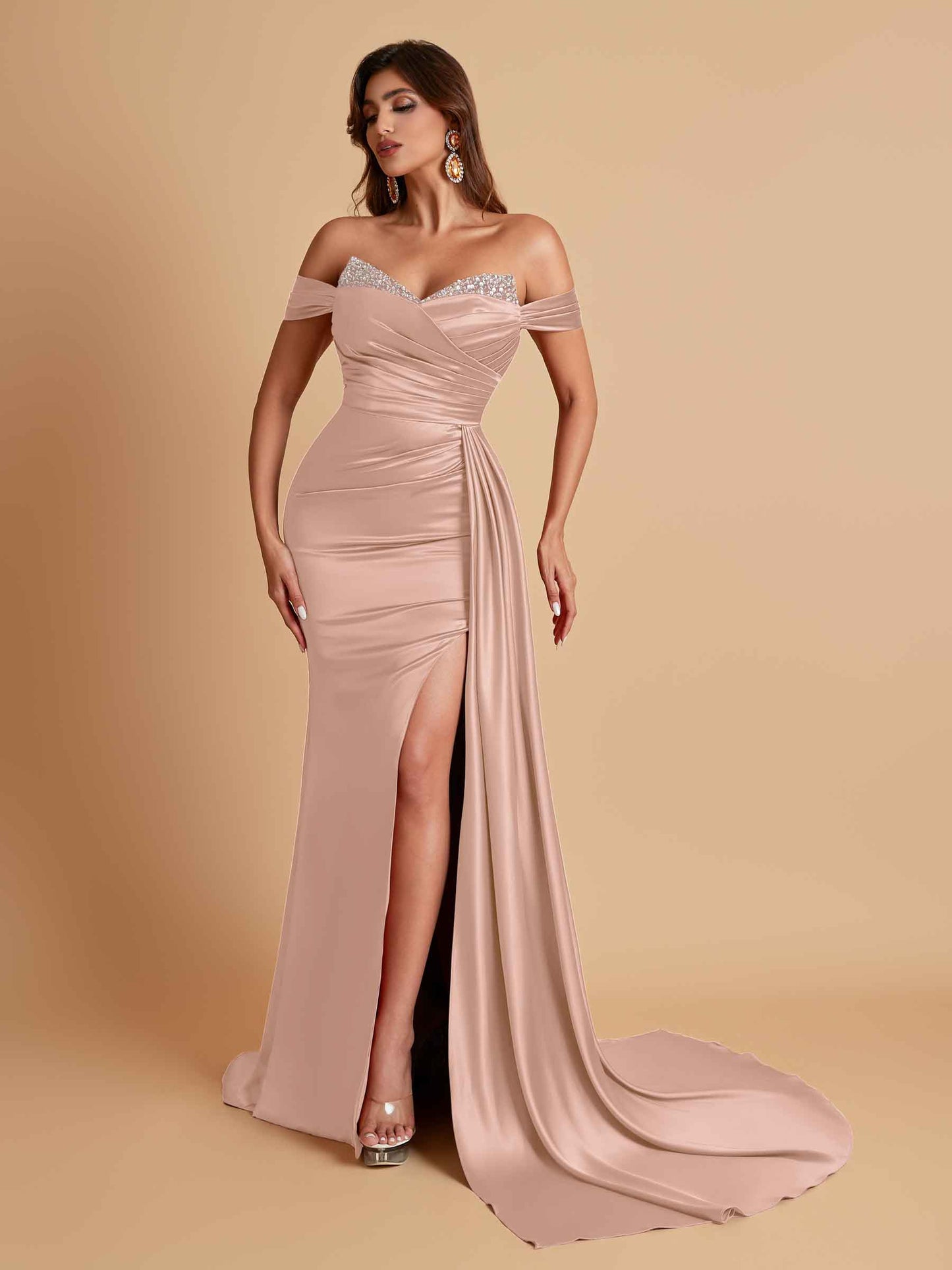 Gorgeous Soft Satin V-neck Off-the-Shoulder Side-Slit Mermaid Bridesmaid Dresses