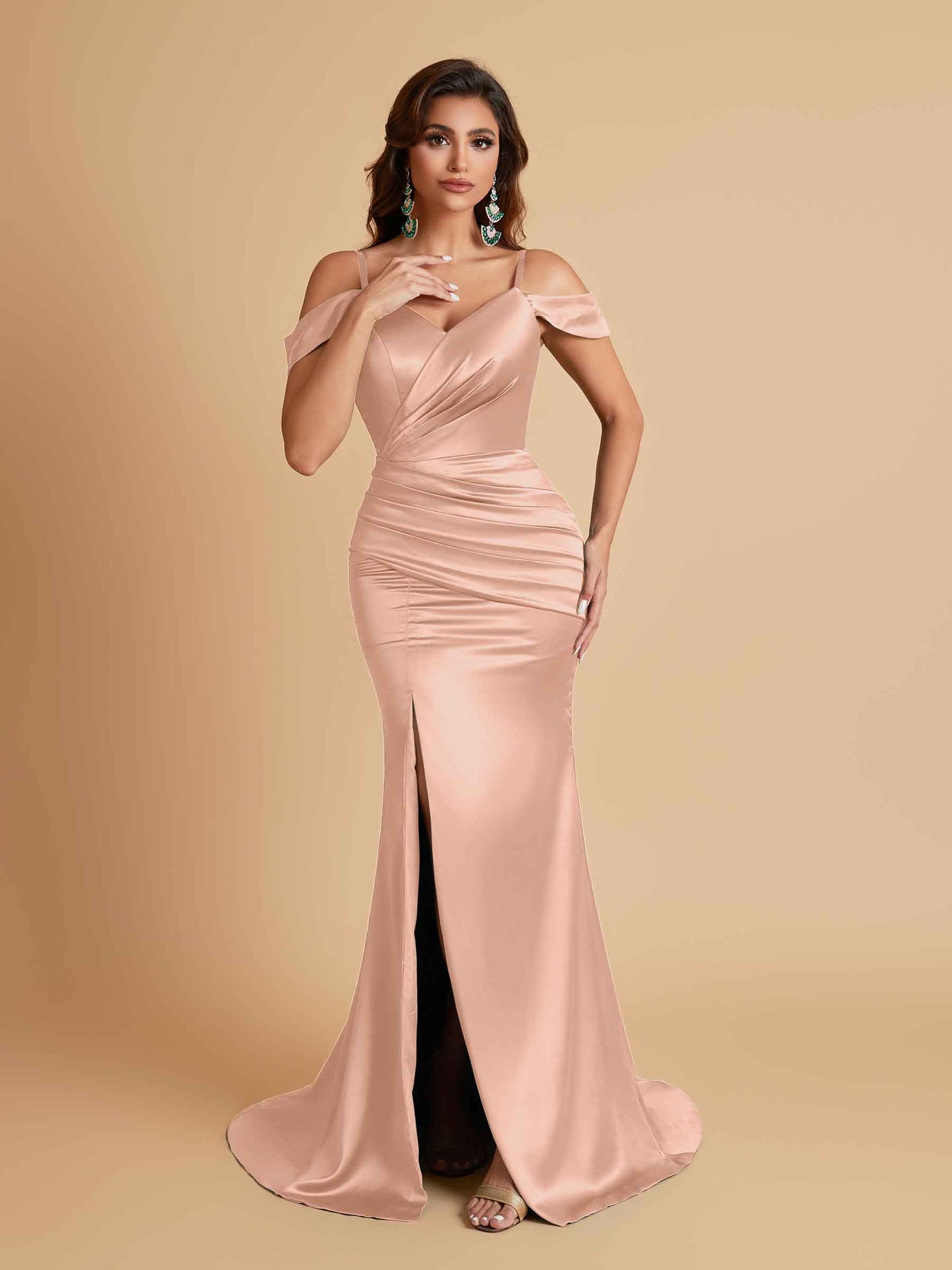 Sexy Soft Satin Mermaid Off Shoulder Side Slit Floor-Length Mermaid Bridesmaid Dresses