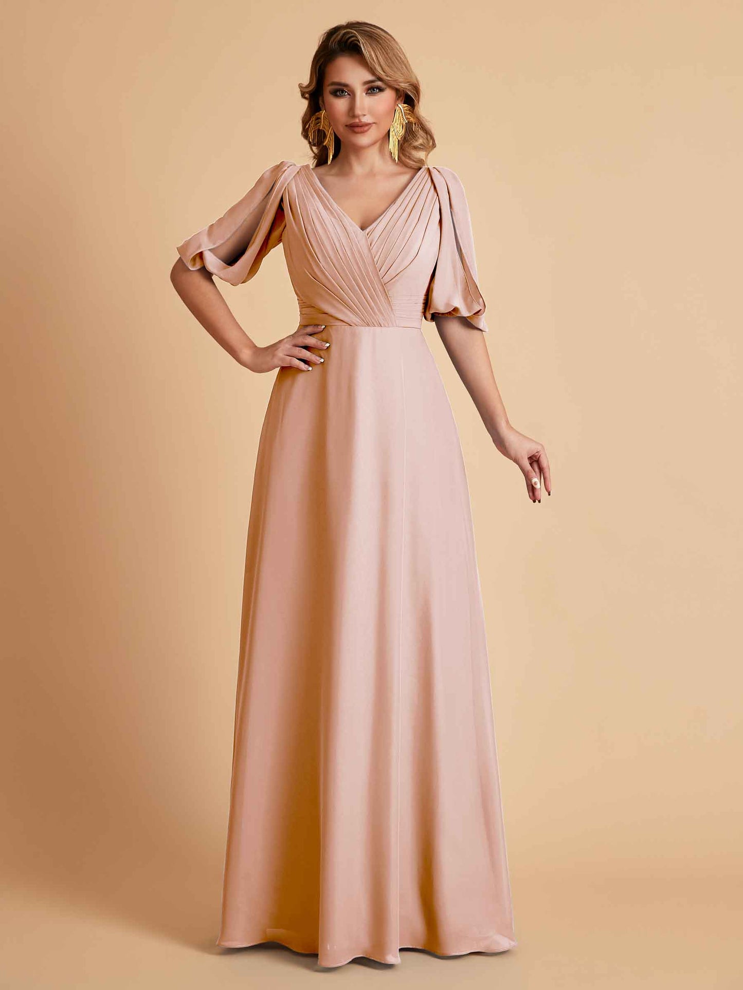 Elegant A-Line Chiffon Half Sleeves V-Neck Mother of the Brides Dresses Online