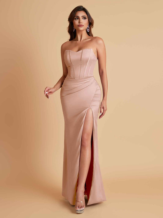 Sexy Strapless Soft Satin Side Slit Floor-Length Mermaid Bridesmaid Dresses