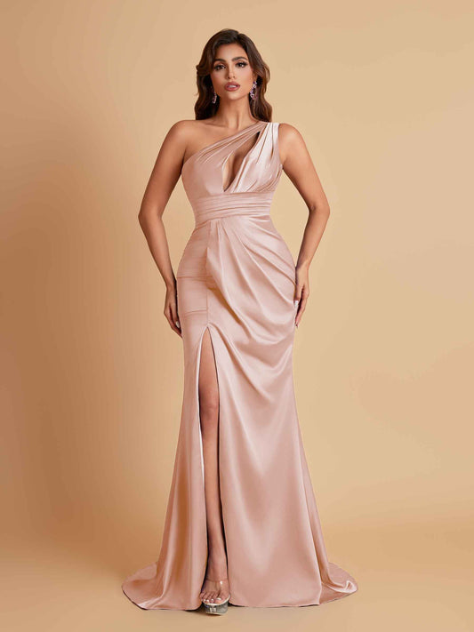 Sexy One Shoulder Soft Satin Side Slit Floor-Length Mermaid Bridesmaid Dresses