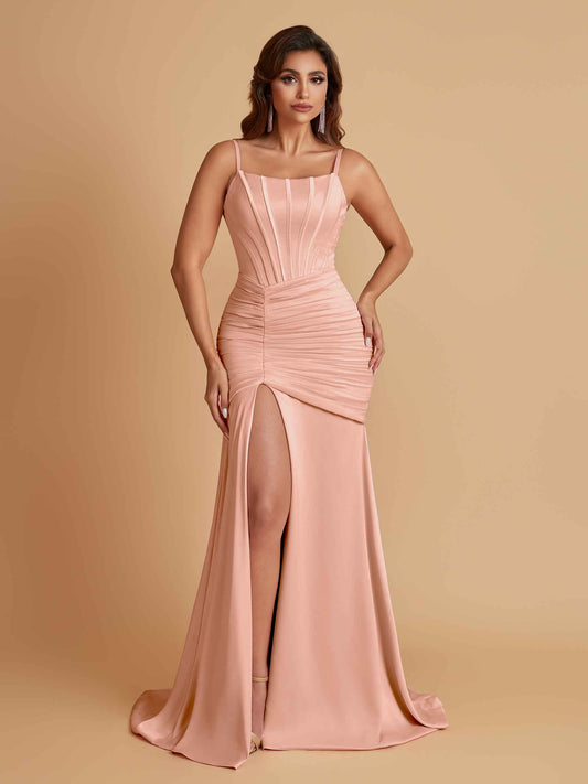 Sexy Soft Satin Mermaid Spaghetti Straps Side Slit Floor-Length Bridesmaid Dresses