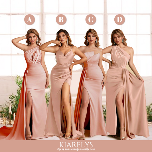 Rose Gold Mismatched Sexy Satin Trendy Long Wedding Guest Dresses