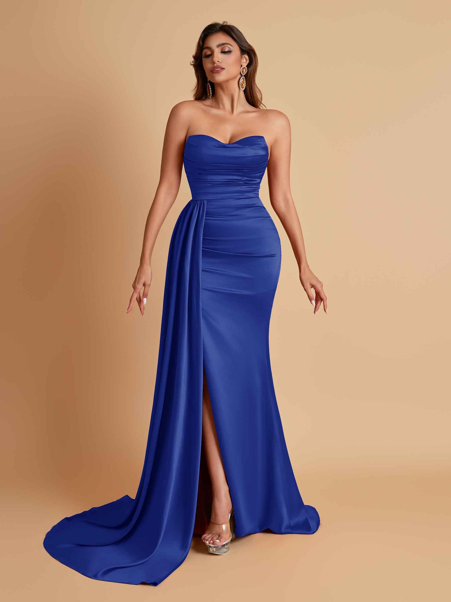 Elegant Soft Satin Sweetheart Strapless Side-Slit Mermaid Bridesmaid Dresses