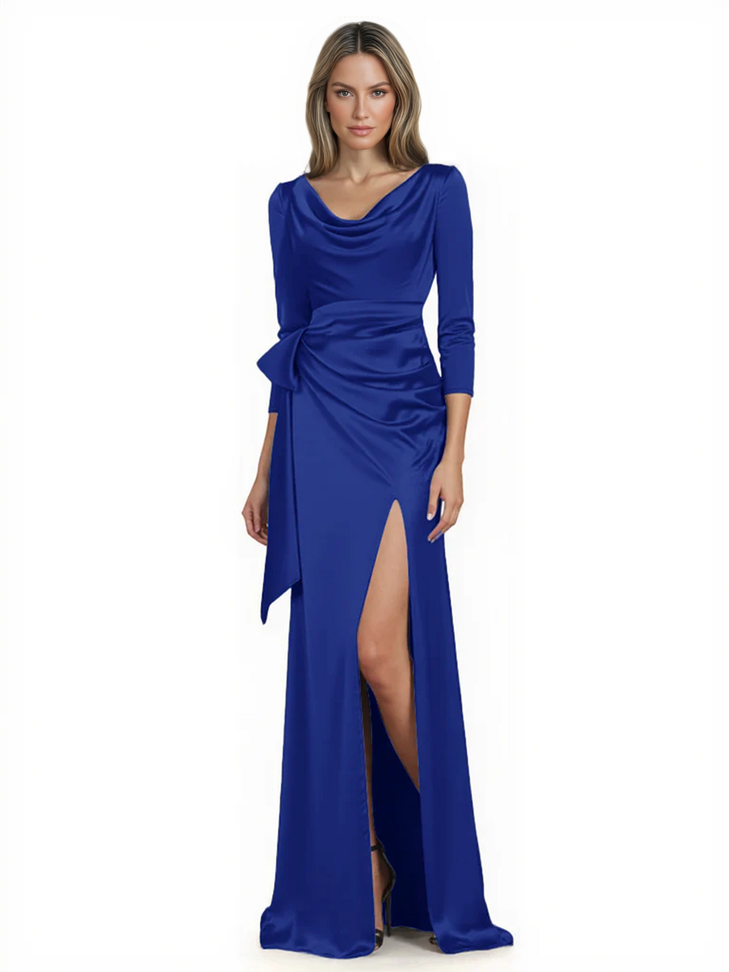 Elegant Evening Gowns Slit Trending Styles Satin Slit Formal Dress Cowl Neckline Gown Tie