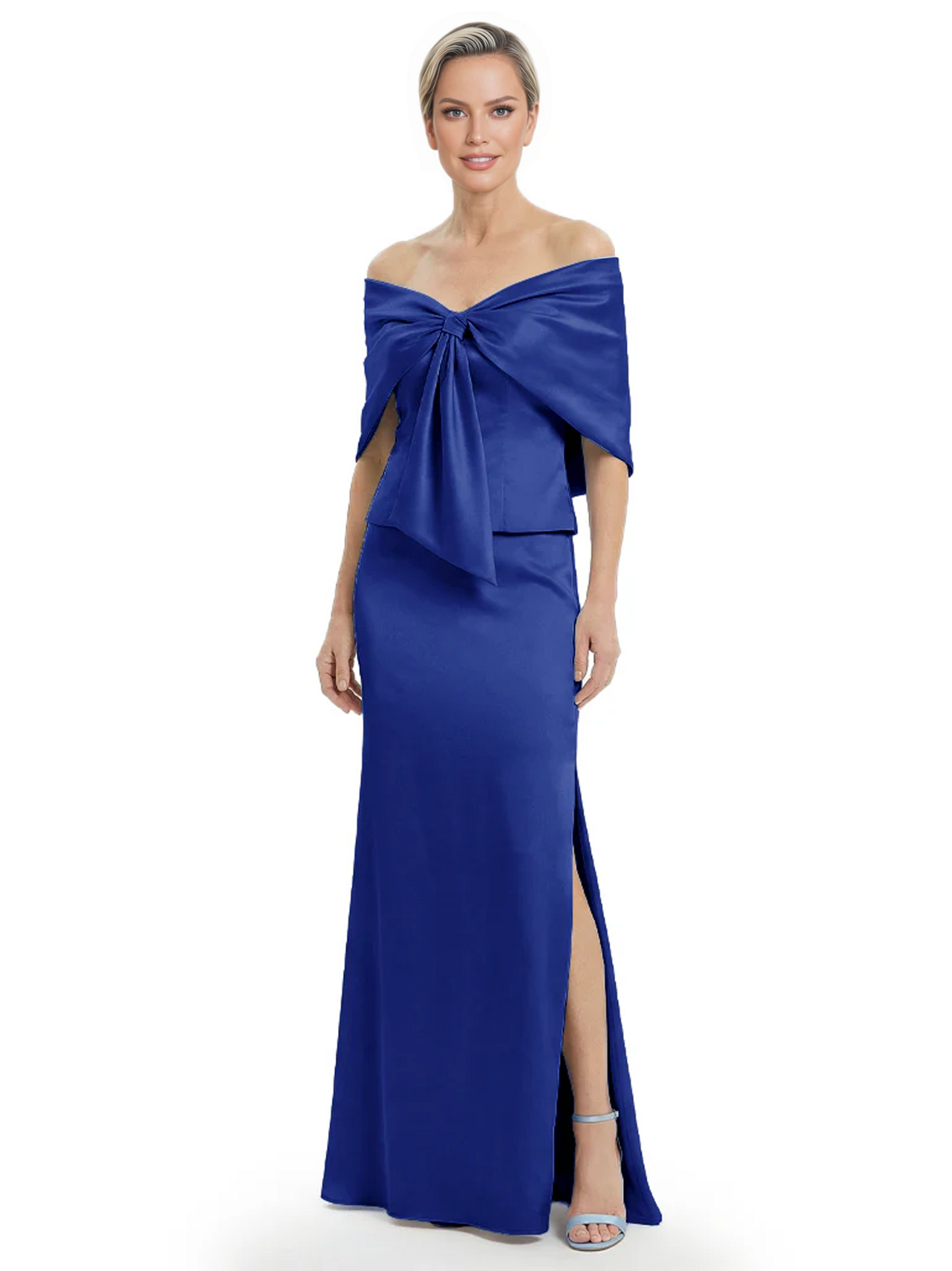 Formal Floor-Length Mother of the Bride Gown Satin Maxi Dress with Bow Neckline