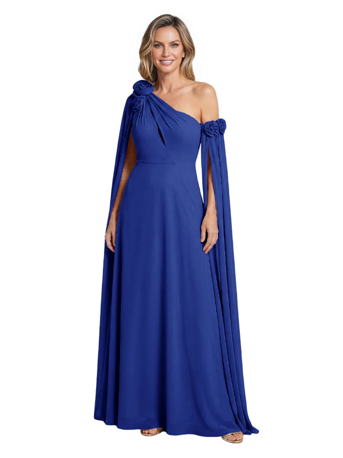 One Shoulder Mother of the Bride Dress Asymmetrical Cape Sleeve Gown with Floral