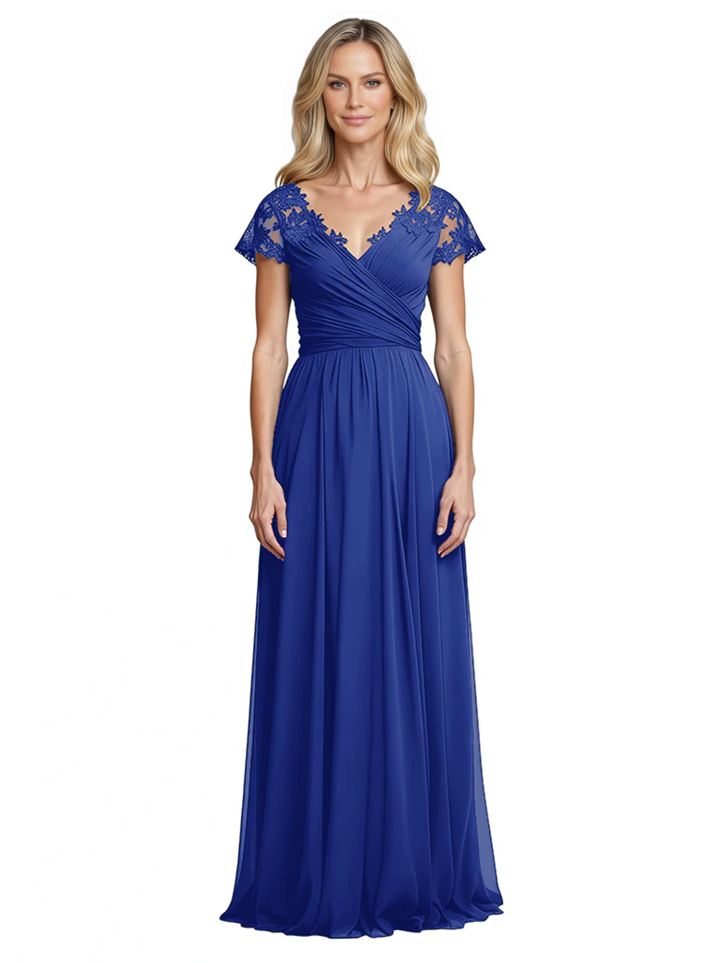 Mother of the Bride Dress Cap Sleeves and V-Neckline with Embroidered Lace Shoulders