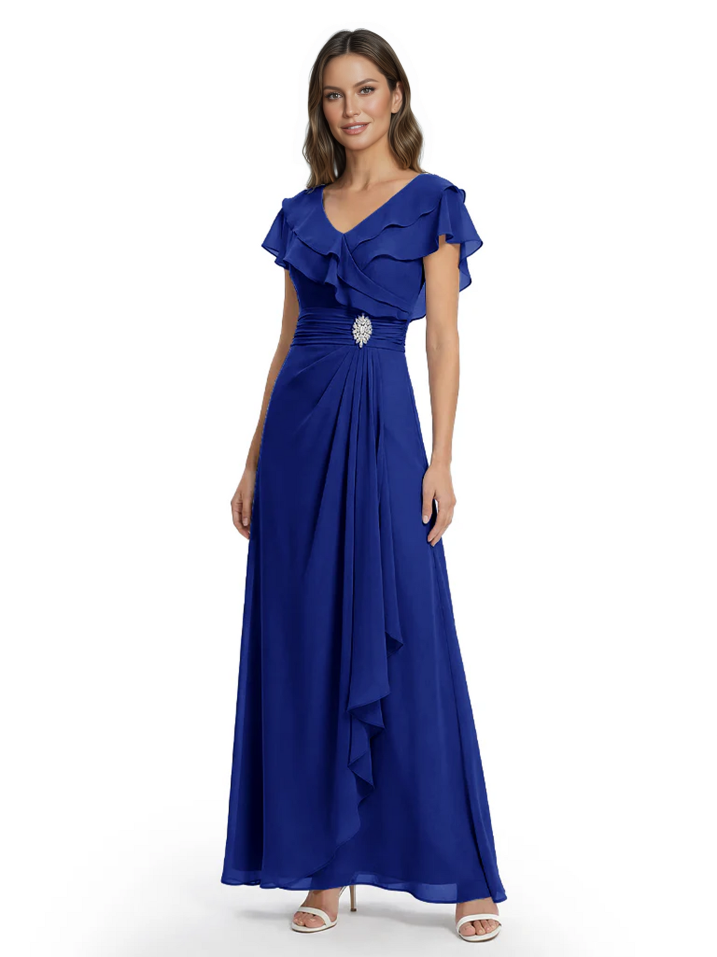 Elegant Mother of the Groom Dress Cascading Ruffle Chiffon Formal Gown Rhinestone