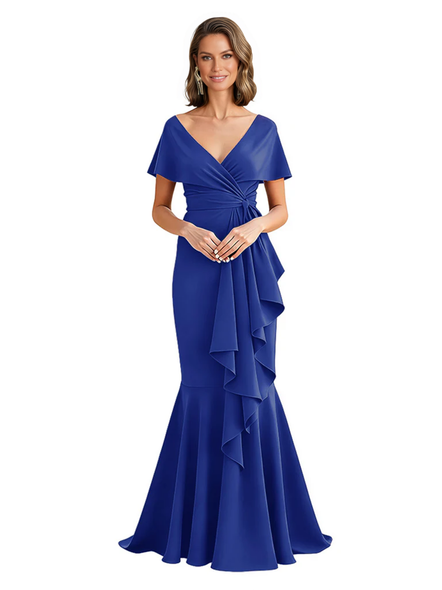Satin Mother of the Bride Dress with Cascading Ruffles and Mermaid Tail V-Neck