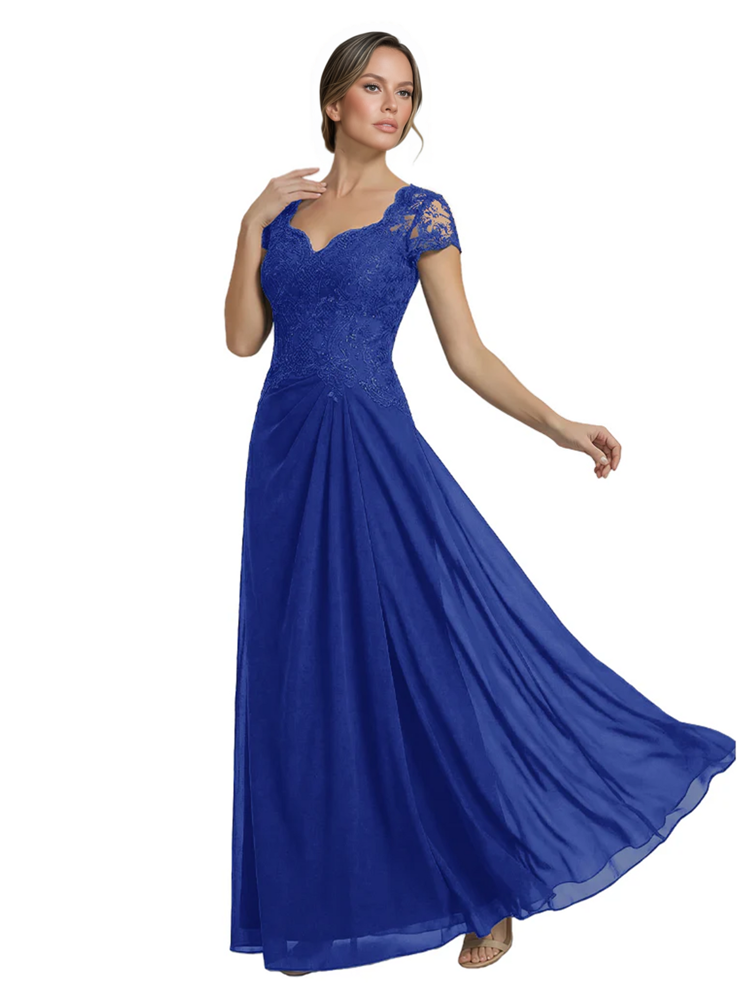 Long A-line Chiffon Short Sleeves Mother of the Brides Dresses Lace Wedding