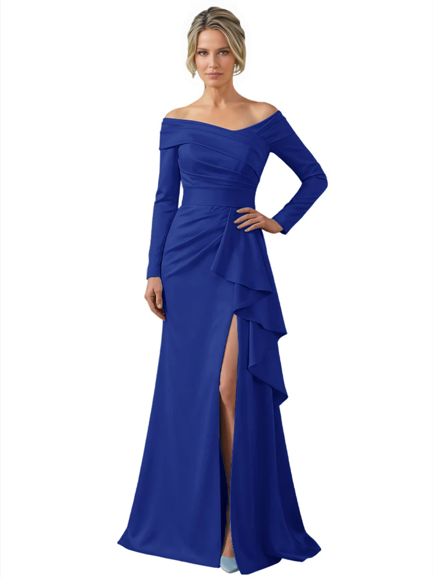 Elegant Mother of the Groom Dress Cascading Ruffle Satin Gown with High Slit Long Sleeves