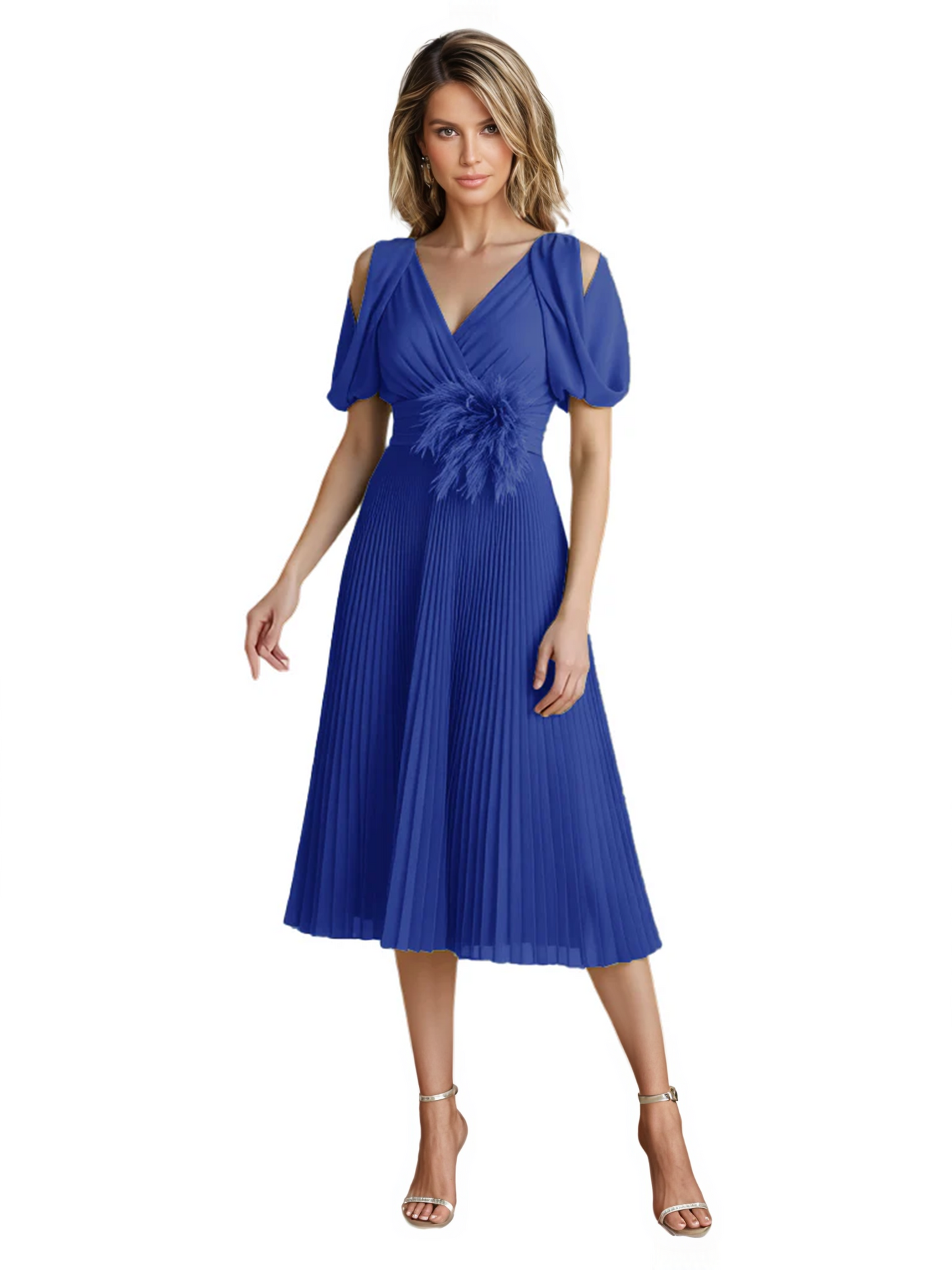 Wedding Formal Dress V-Neck Pleated Chiffon Gown with 3D Flower Accent Knee Length