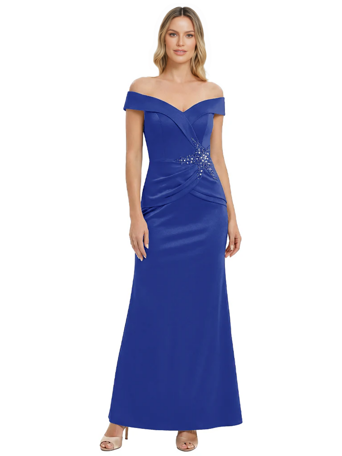 Off Shoulder Mother of the Bride Dress Beaded Waist Satin Gown Portrait Neckline