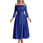 Off Shoulder Mother of the Bride Dress Tea-Length Satin Gown with Lace Applique