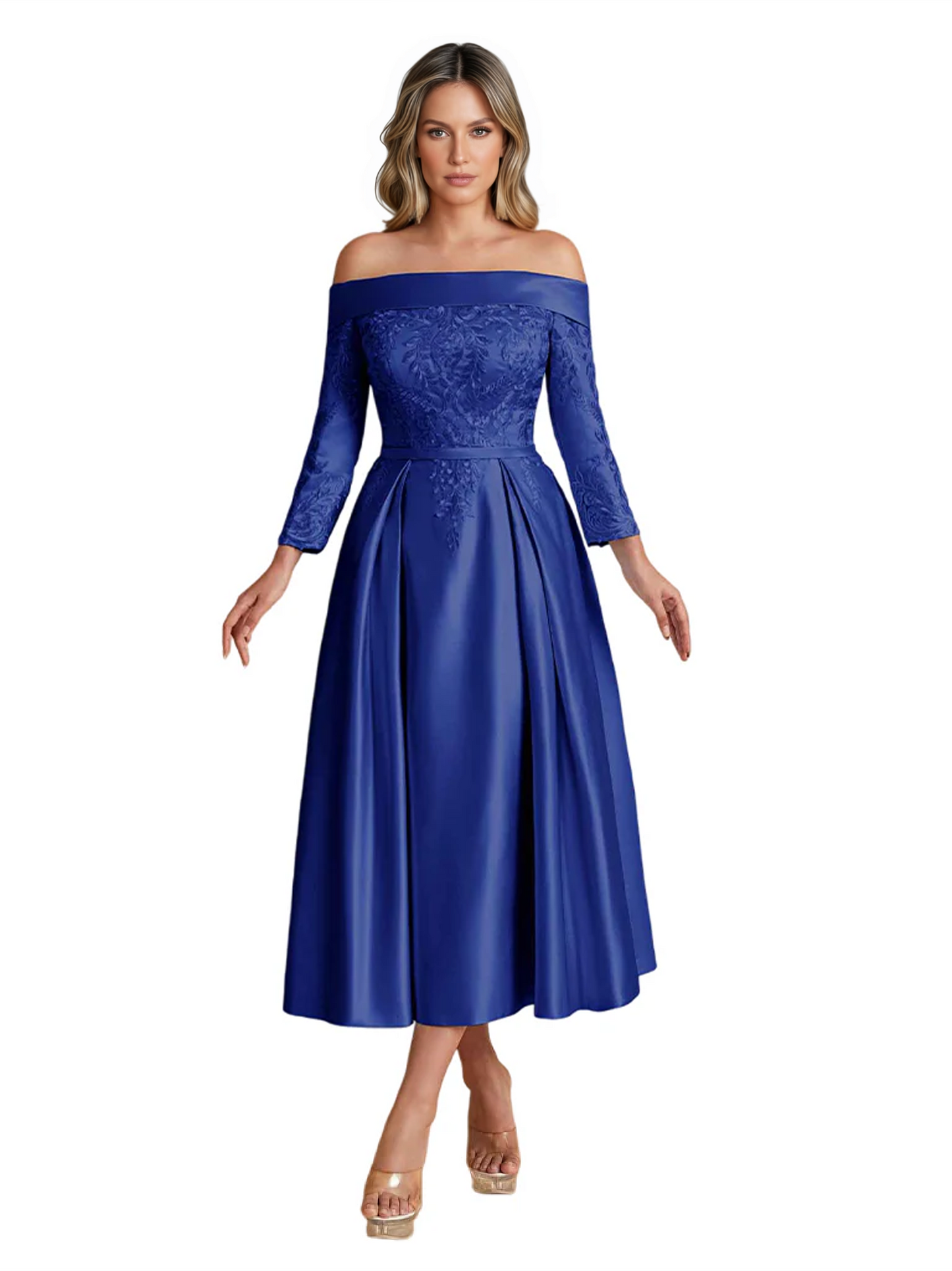Off Shoulder Mother of the Bride Dress Tea-Length Satin Gown with Lace Applique