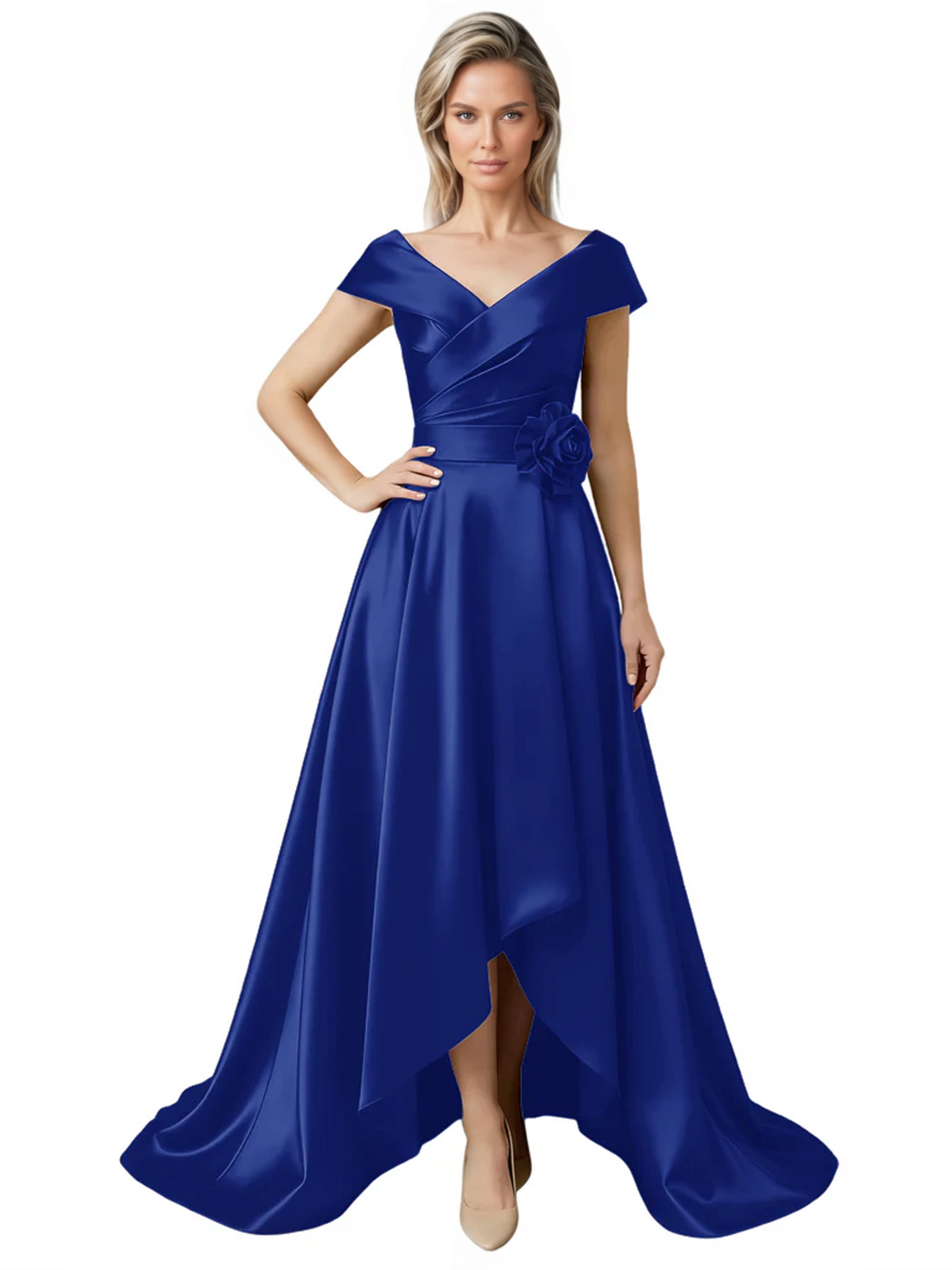 Off Shoulder Mother of the Bride Dress High-Low Satin Gown with Portrait Neckline