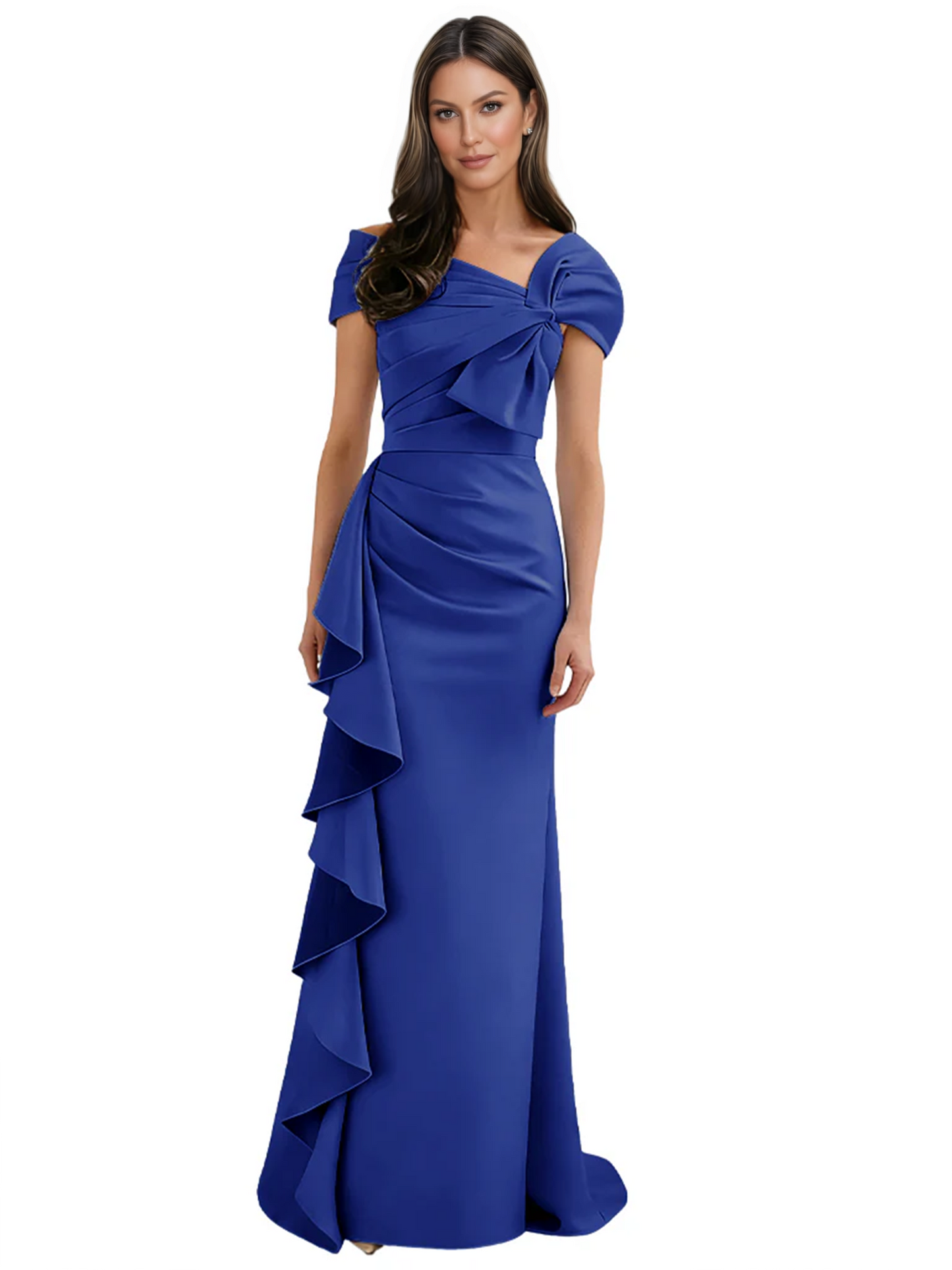 Elegant Mother of Bride Dress Formal Gowns Mermaid Ruffle Floor Length Asymmetric Neckline