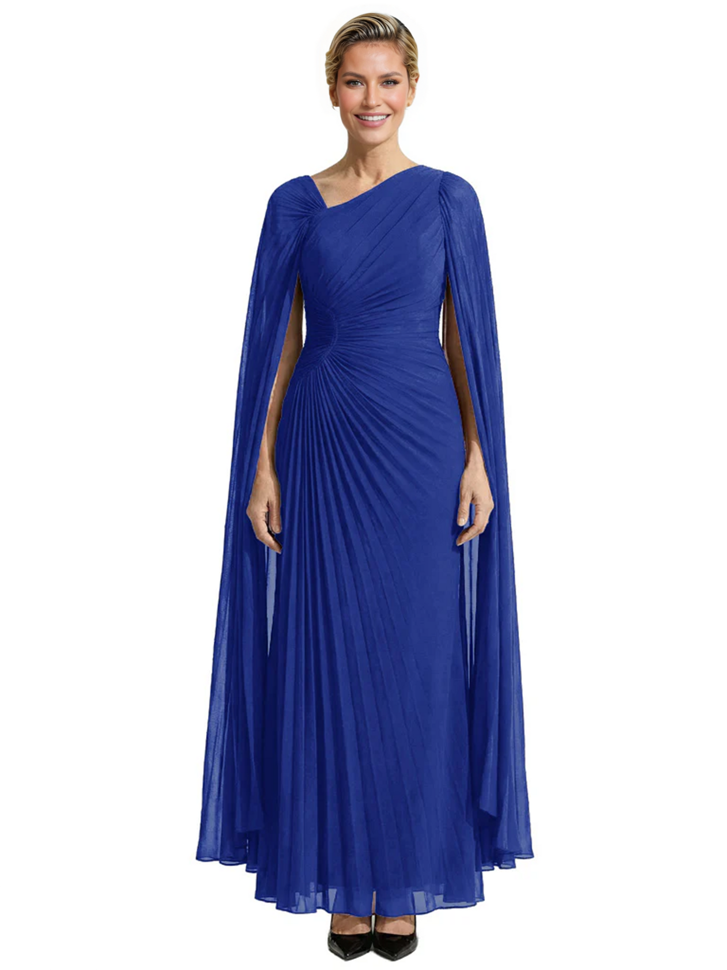 Elegant Asymmetric Neck Long A-Line Chiffon Mother of the Brides Dresses Mom Outfit with Cape