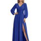 A-Line Mother of Bride Dress V-Neck Chiffon Gown Long Sleeves Slit Formal Dress