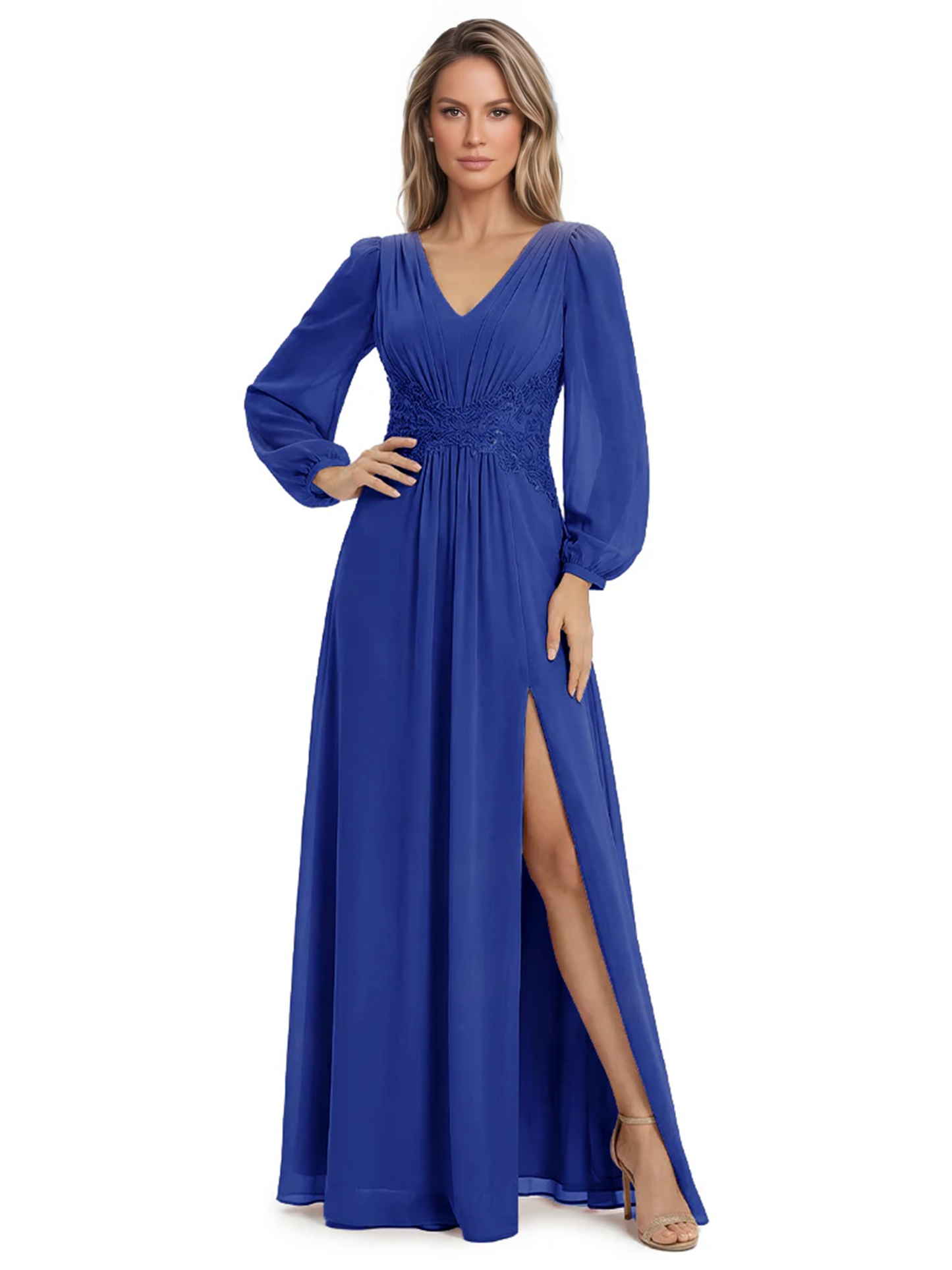 A-Line Mother of Bride Dress V-Neck Chiffon Gown Long Sleeves Slit Formal Dress