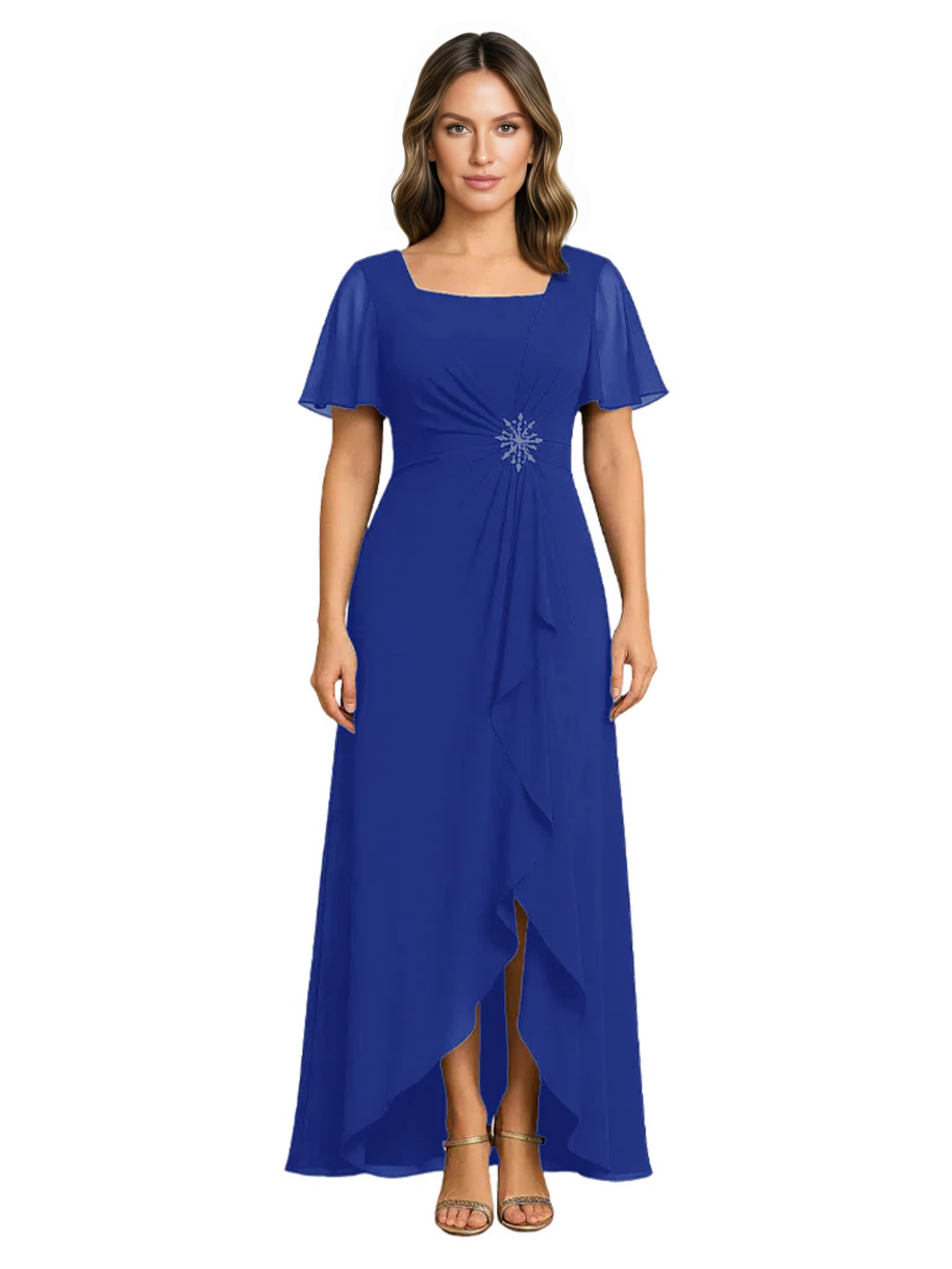 Formal High-Low Mother of the Bride Gown Sleeved Chiffon Maxi Dress Ruched Waist
