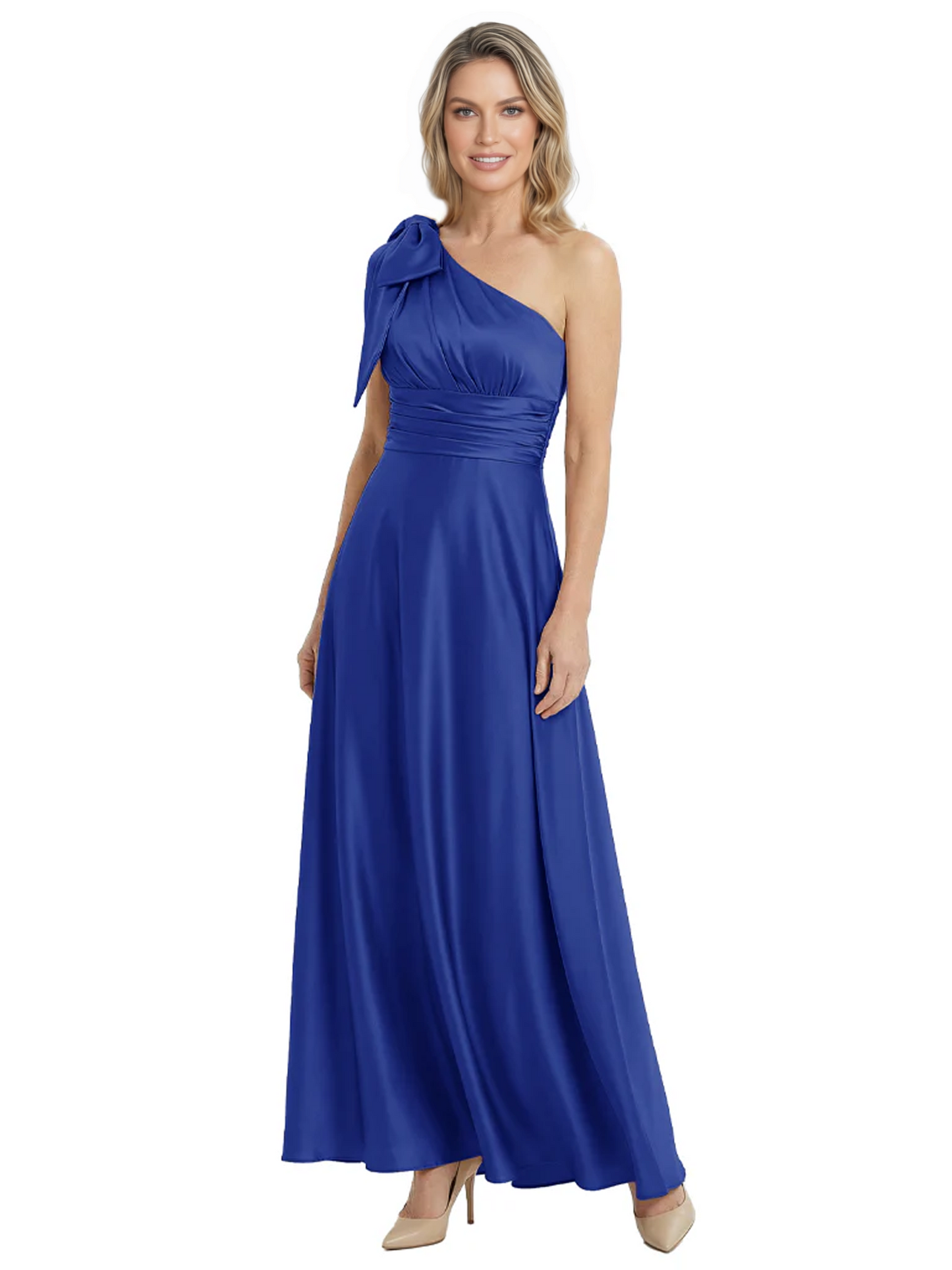 One-Shoulder Mother of the Bride Dress Satin Gown with Bow Ruched Empire Waist