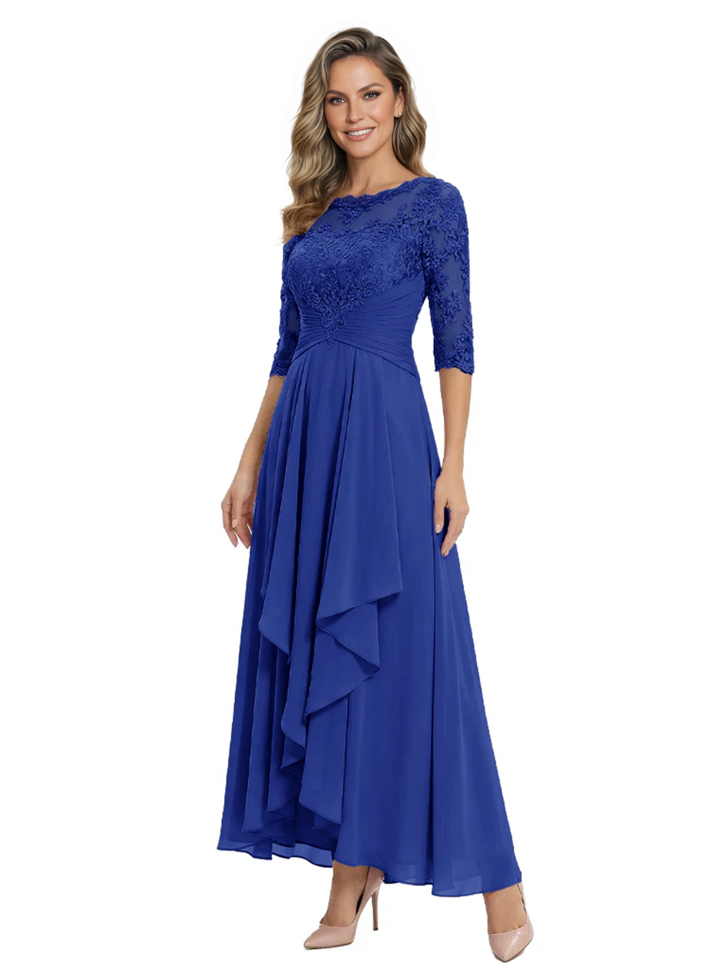 3/4 Sleeve Mother of the Bride Dress with Lace Embroidery High-Low Hem 2026