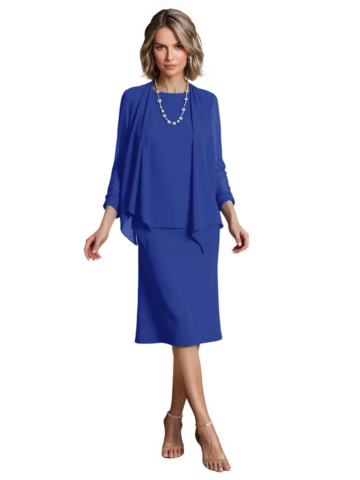 3 PCS Knee-Length Mother of Bride Dresses Prom Dress Evening Dress with Sheer Sleeves and Jacket