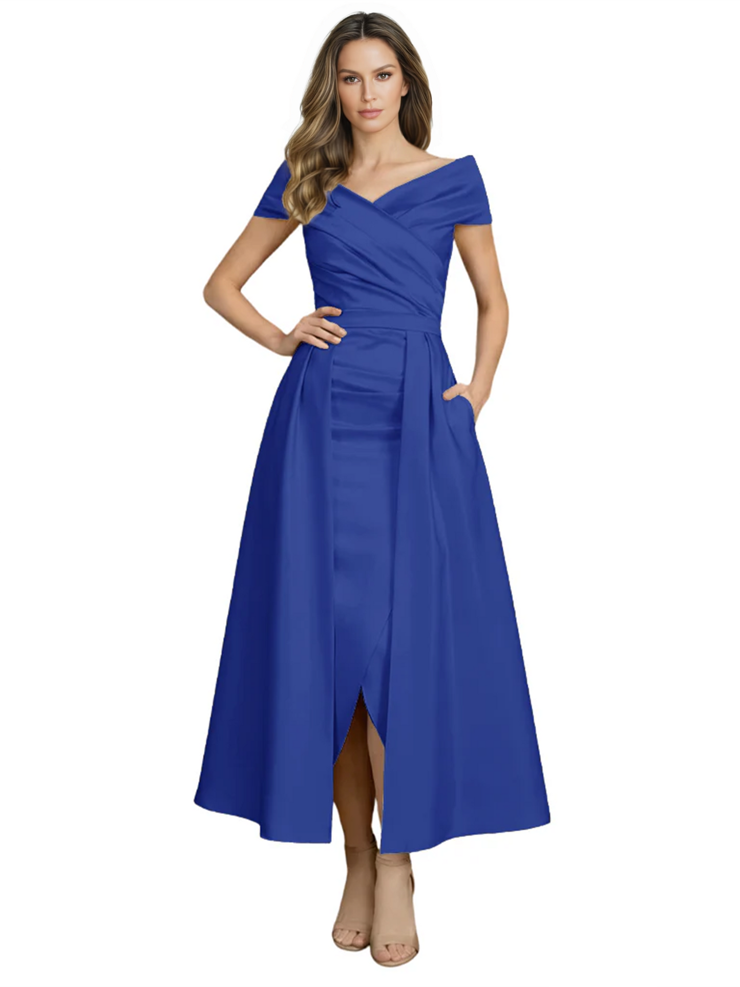 Formal Floor-Length Mother of the Bride Gown Satin Maxi Dress with Slit Off Shoulder