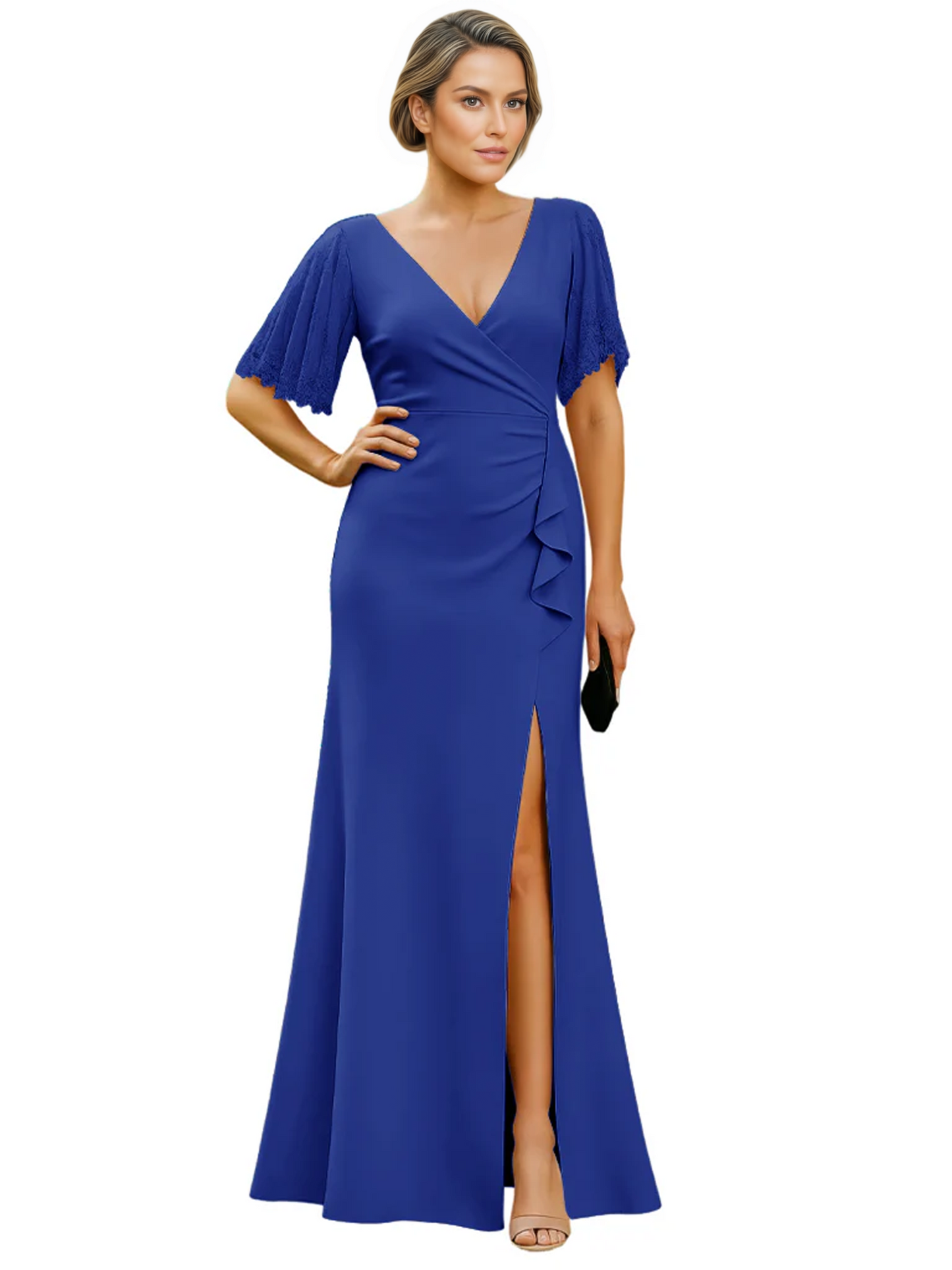 Elegant Evening Gown Trending V-Neck & Ruffle Detail Mother of Bride Outfits Slit